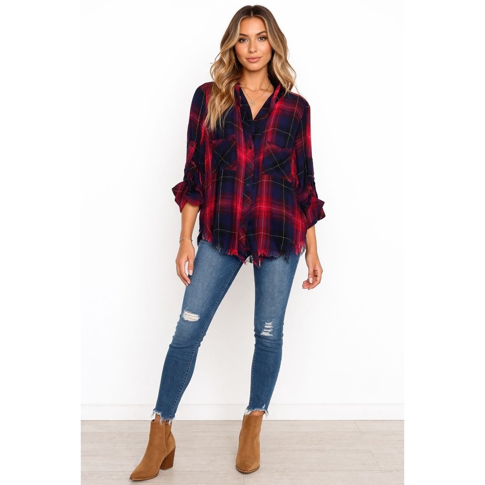 ANTHROPOLOGIE CLOTH & STONE Top Shirt MEDIUM Frayed Hem Red Blue C2231-980-304